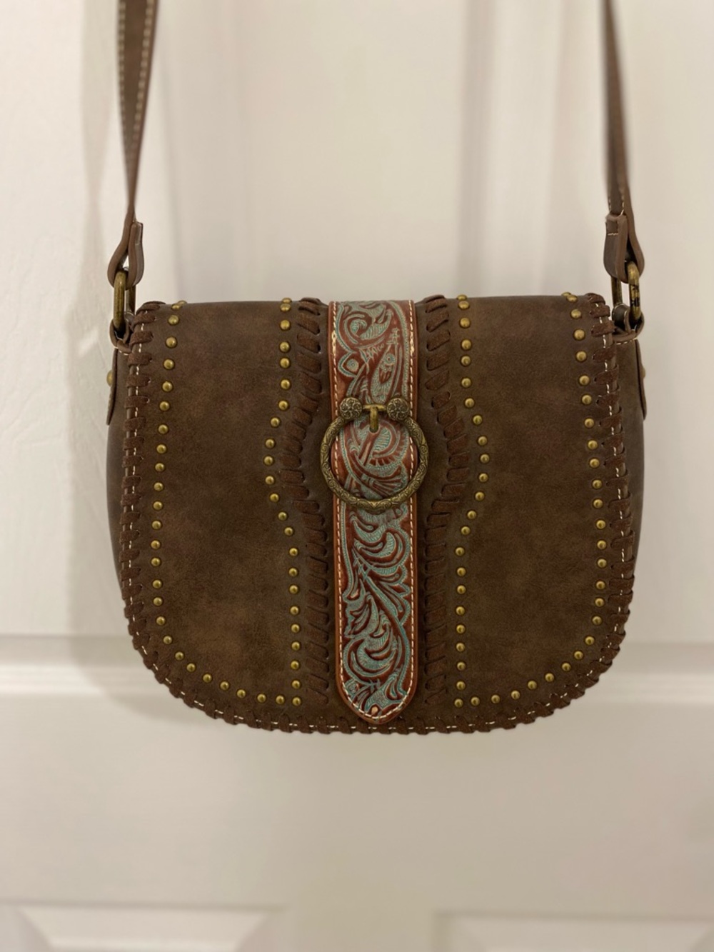 TRINITY RANCH Brown Tooled Studded Purse Bag Crossbody Saddle Bag